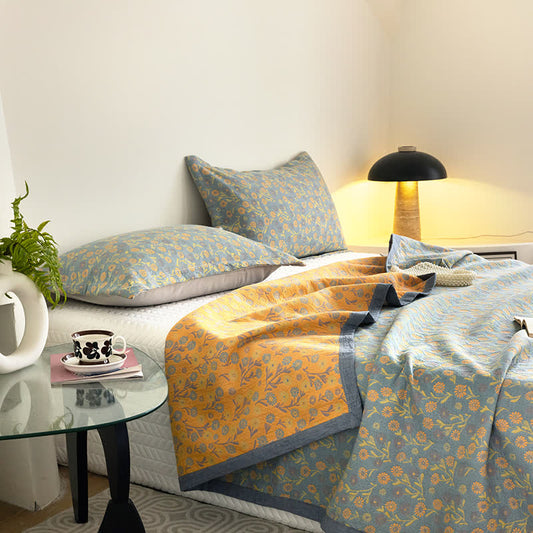 Cotton Floral Quilt Set | Soft Gauze | Includes 1 Quilt + 2 Pillowcases