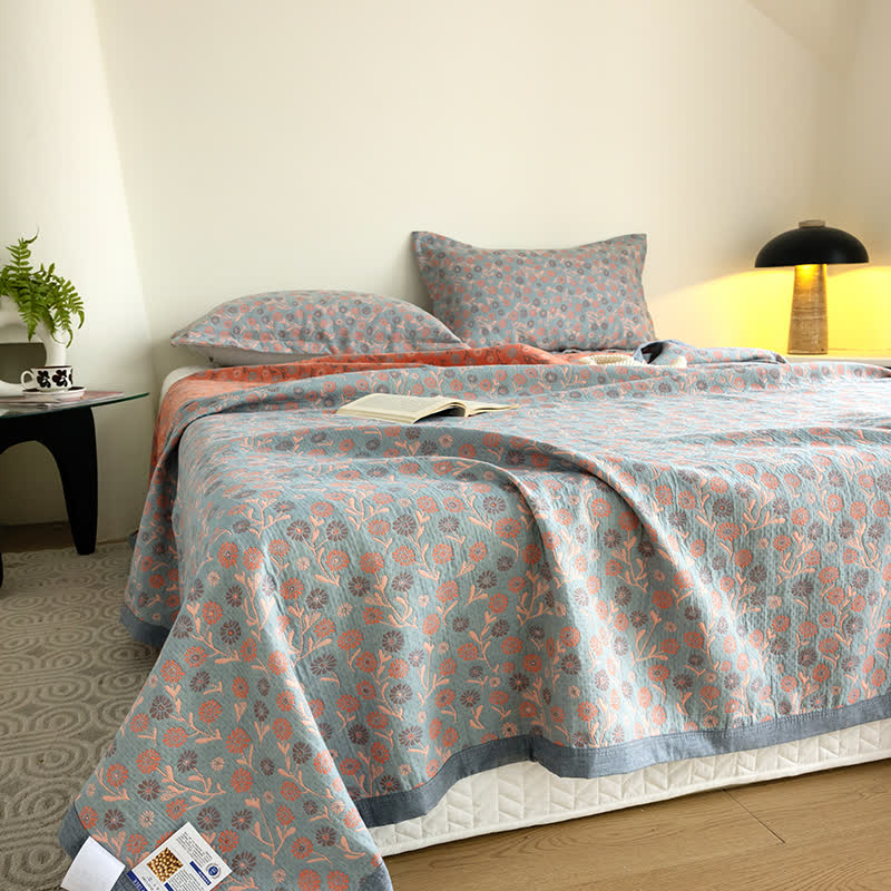 Cotton Floral Quilt Set | Soft Gauze | Includes 1 Quilt + 2 Pillowcases