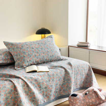 Cotton Floral Quilt Set | Soft Gauze | Includes 1 Quilt + 2 Pillowcases