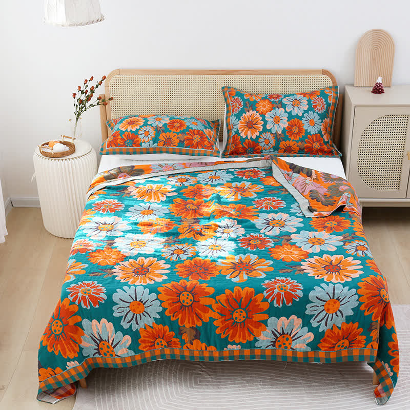 Rustic Sunflower Quilt Set | 100% Cotton | Queen Size with 2 Pillow Towels