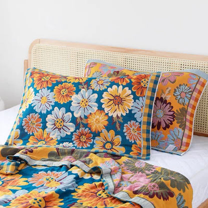 Rustic Sunflower Quilt Set | 100% Cotton | Queen Size with 2 Pillow Towels