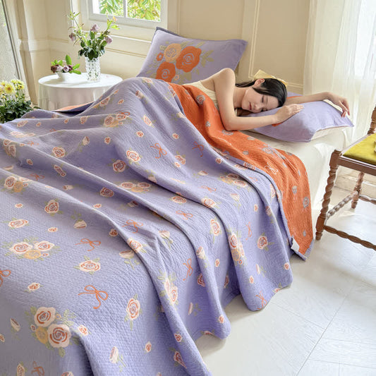 King Size Cotton Gauze Quilt | Bow-Knot & Rose Design