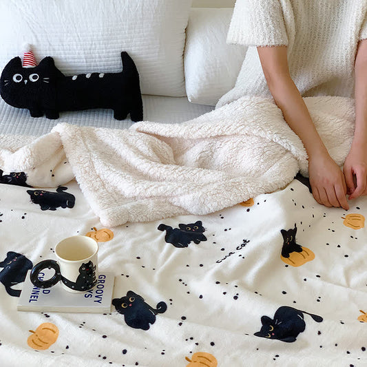 Cat & Pumpkin Fleece Blanket | Soft Polyester | Full Size 71"x79"