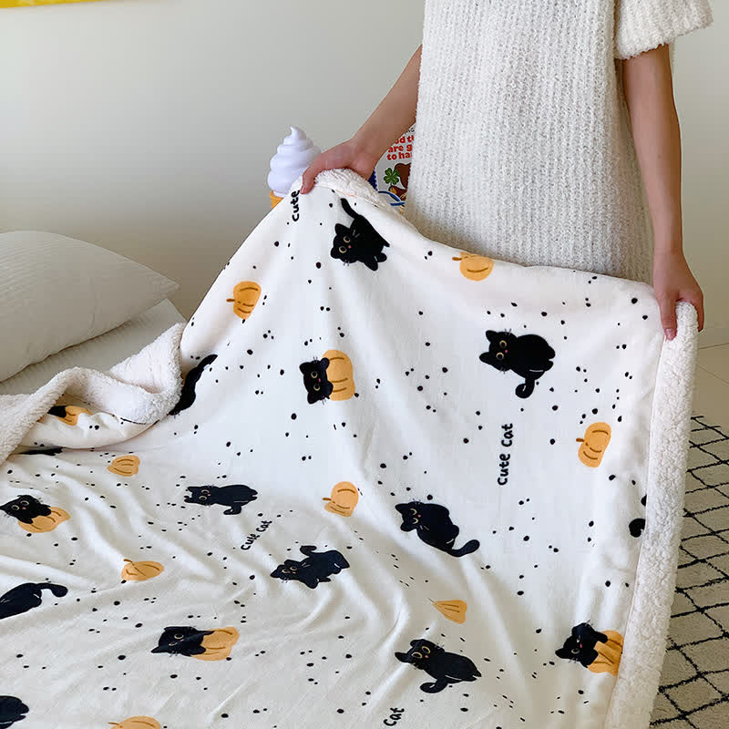 Cat & Pumpkin Fleece Blanket | Soft Polyester | Full Size 71"x79"