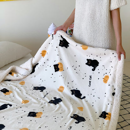 Cat & Pumpkin Fleece Blanket | Soft Polyester | Full Size 71"x79"