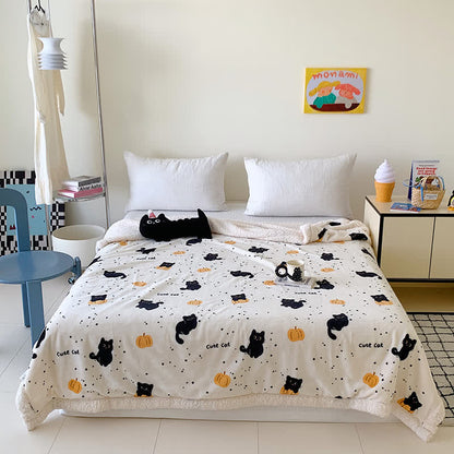 Cat & Pumpkin Fleece Blanket | Soft Polyester | Full Size 71"x79"