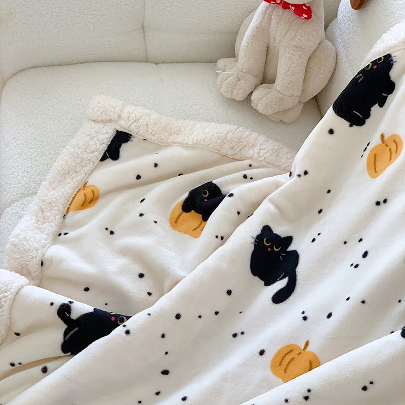 Cat & Pumpkin Fleece Blanket | Soft Polyester | Full Size 71"x79"