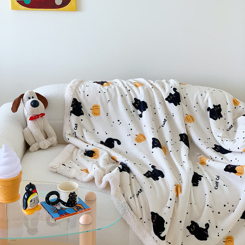 Cat & Pumpkin Fleece Blanket | Soft Polyester | Full Size 71"x79"