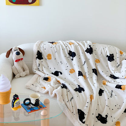 Cat & Pumpkin Fleece Blanket | Soft Polyester | Full Size 71"x79"