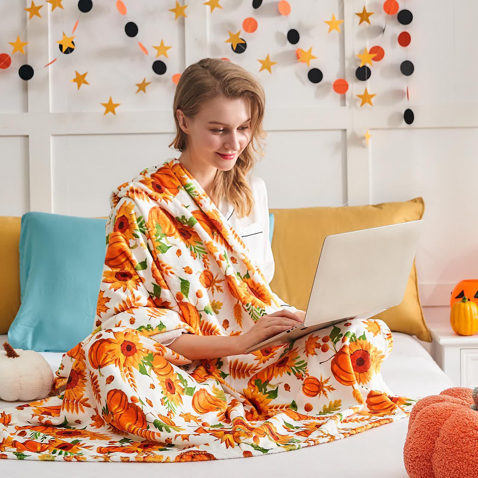 Halloween Pumpkin Sunflower Blanket | Soft Flannel | Multiple Sizes Available