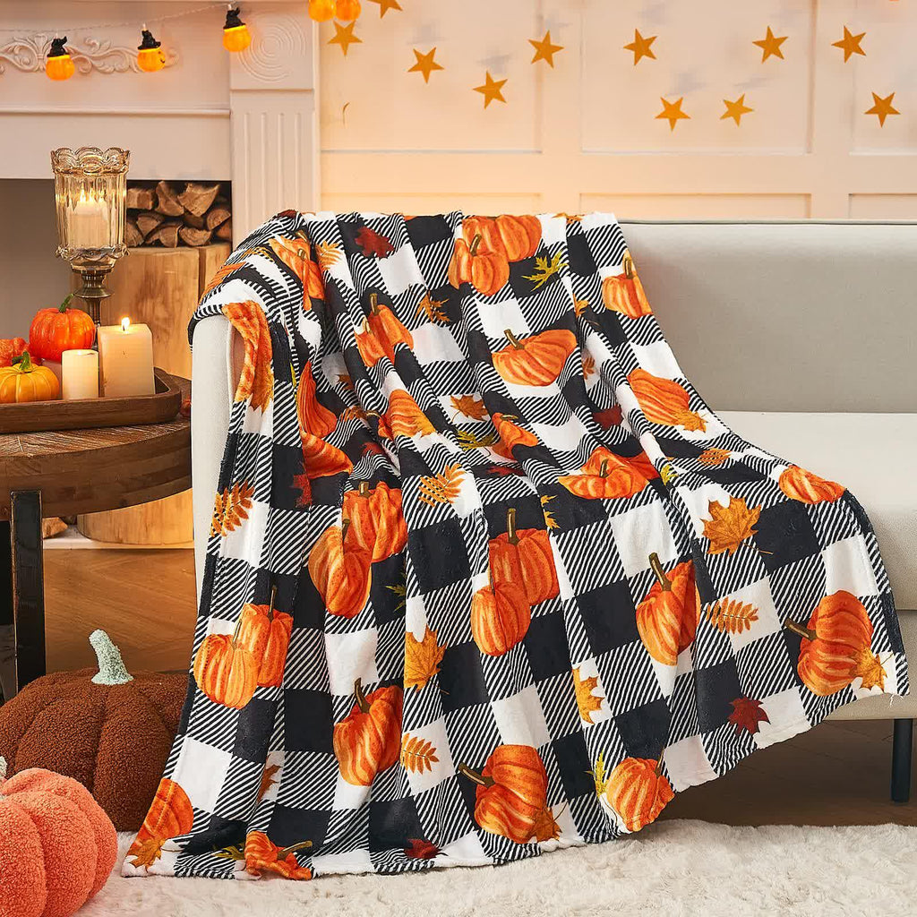 Plaid Pumpkin Halloween Blanket | Soft Flannel | Multiple Sizes Available