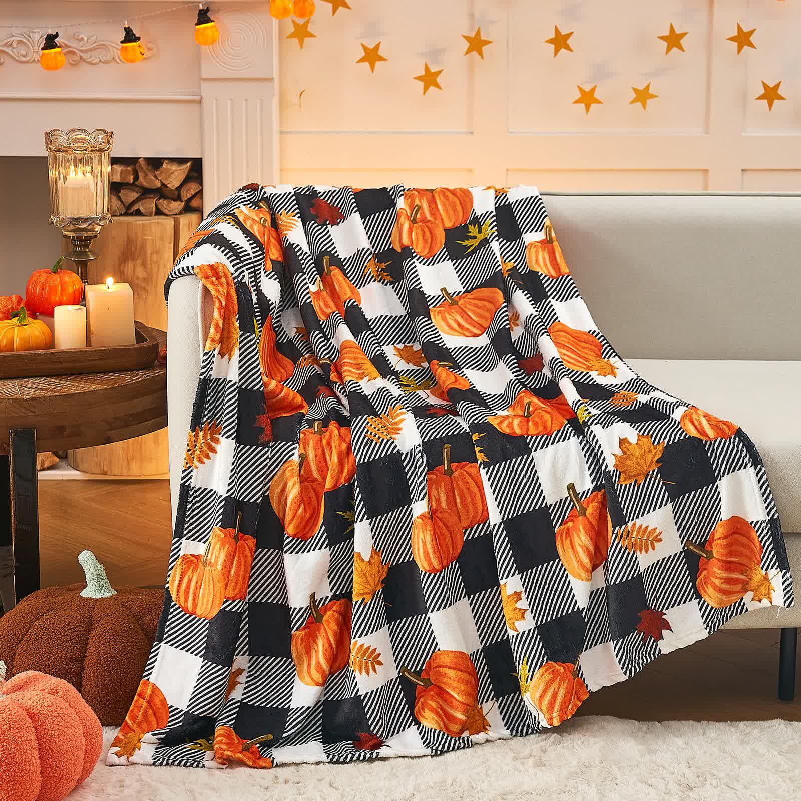 Plaid Pumpkin Halloween Blanket | Soft Flannel | Multiple Sizes Available
