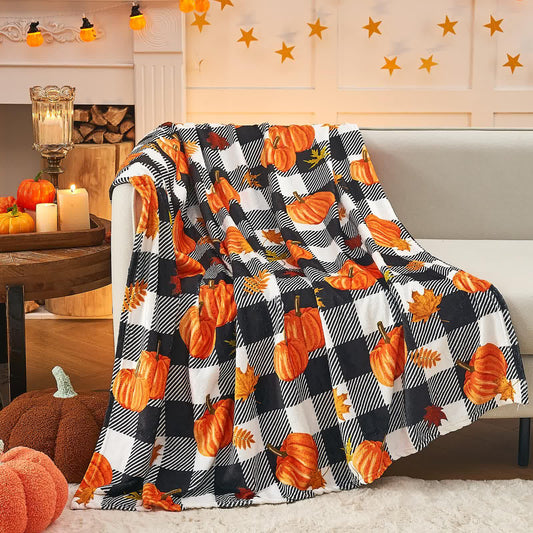 Plaid Pumpkin Halloween Blanket | Soft Flannel | Multiple Sizes Available