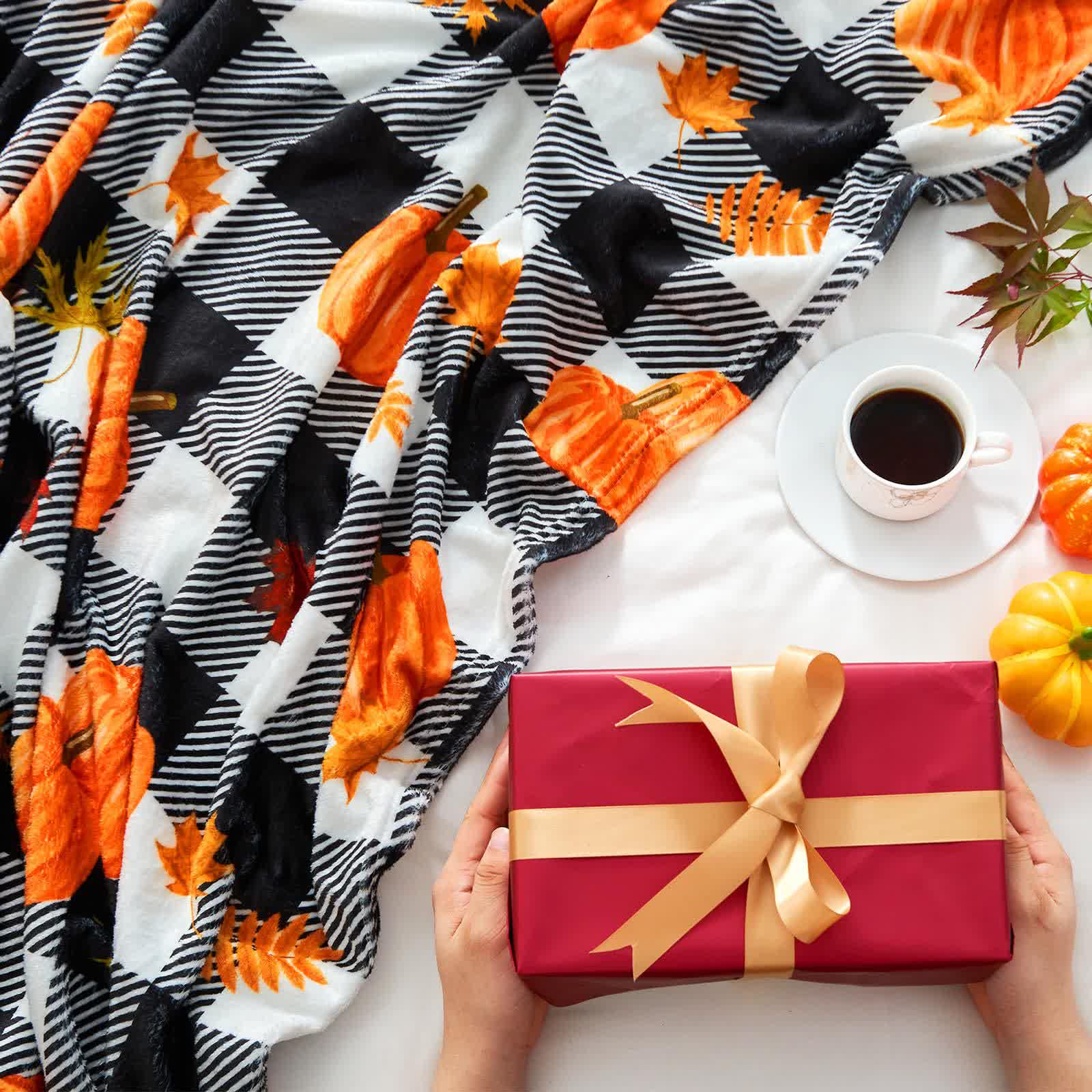 Plaid Pumpkin Halloween Blanket | Soft Flannel | Multiple Sizes Available