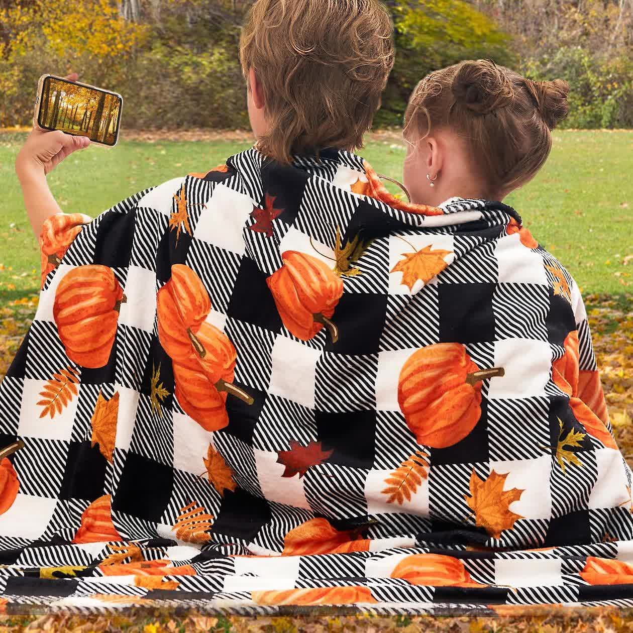 Plaid Pumpkin Halloween Blanket | Soft Flannel | Multiple Sizes Available