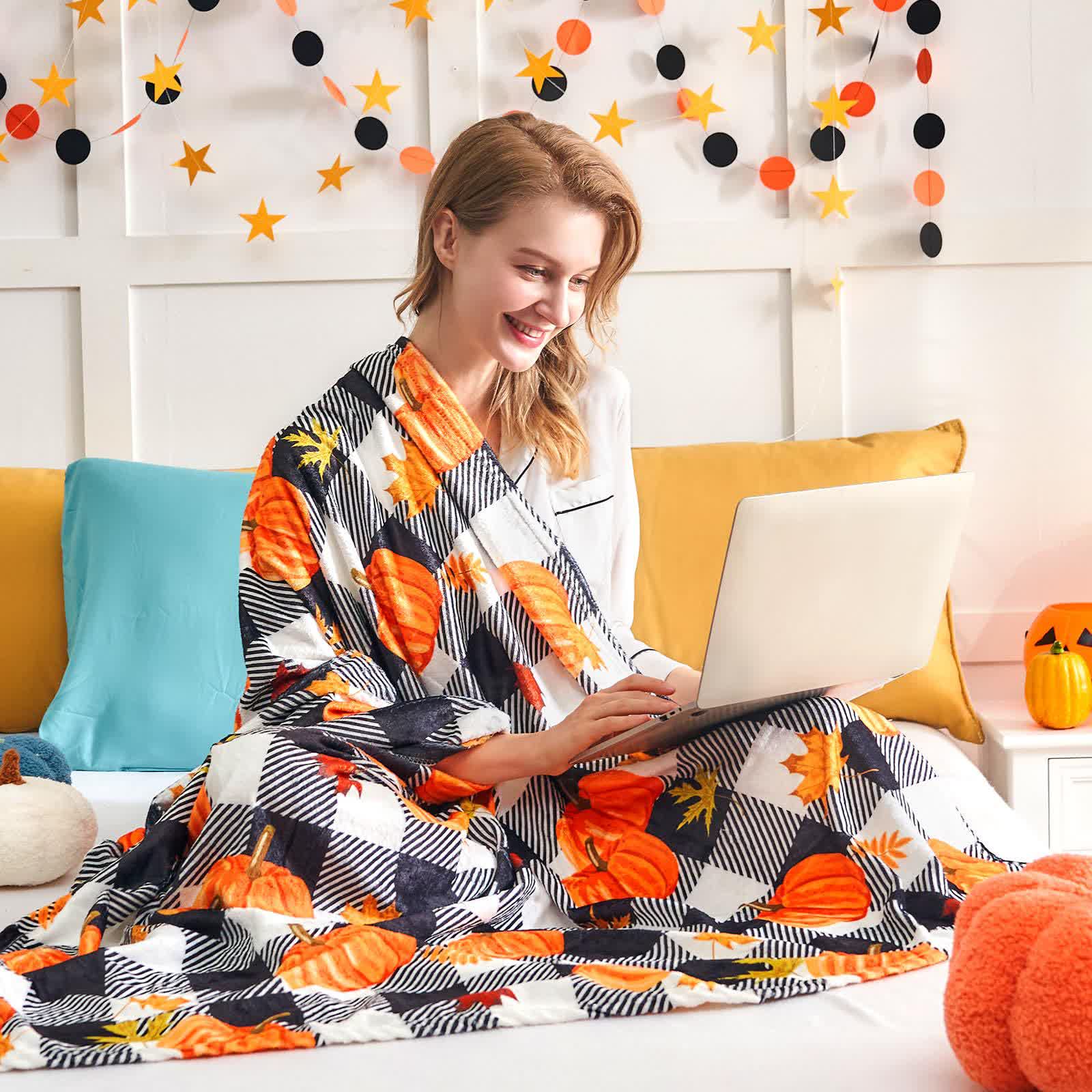 Plaid Pumpkin Halloween Blanket | Soft Flannel | Multiple Sizes Available