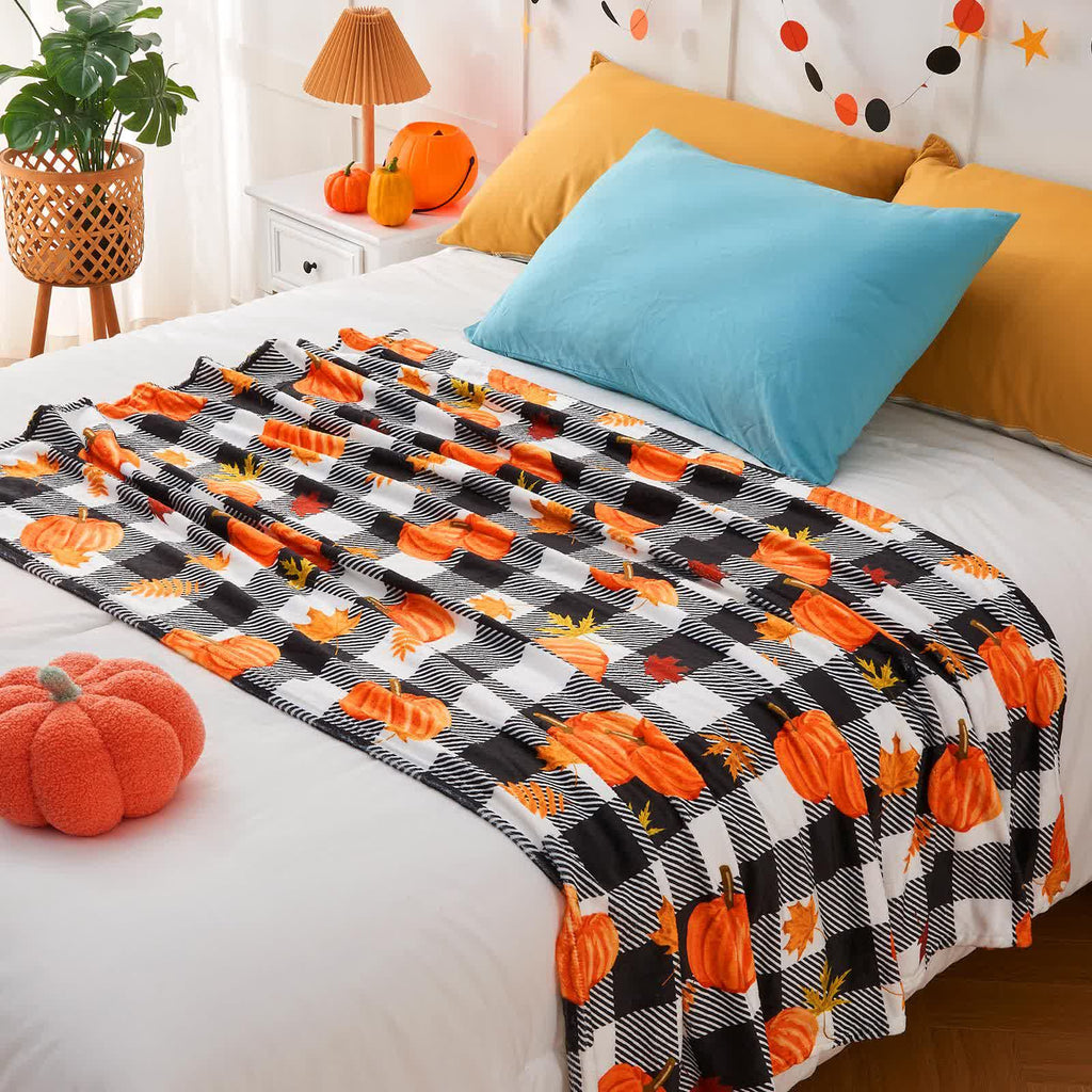Plaid Pumpkin Halloween Blanket | Soft Flannel | Multiple Sizes Available