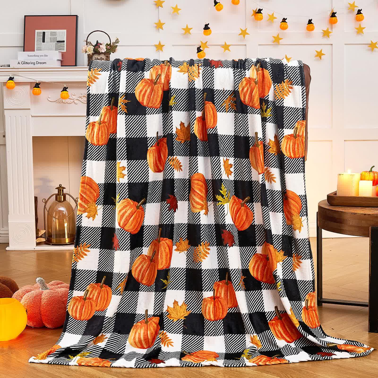 Plaid Pumpkin Halloween Blanket | Soft Flannel | Multiple Sizes Available
