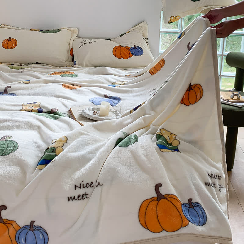 Cartoon Pumpkin Bear Flannel Blanket | Soft Polyester | 47"x79"