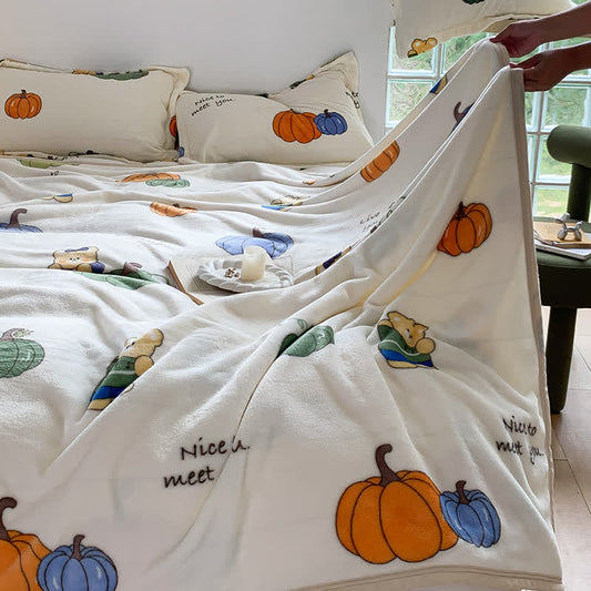 Cartoon Pumpkin Bear Flannel Blanket | Soft Polyester | 47"x79"