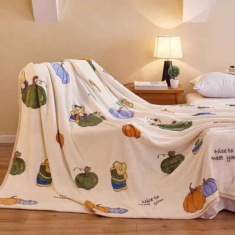 Cartoon Pumpkin Bear Flannel Blanket | Soft Polyester | 47"x79"