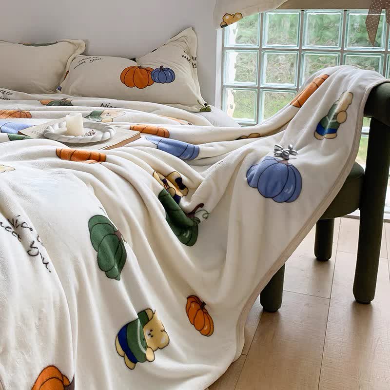 Cartoon Pumpkin Bear Flannel Blanket | Soft Polyester | 47"x79"
