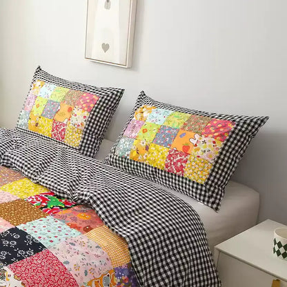 Cotton Pillowcases | Plaid & Floral Design | Set of 2