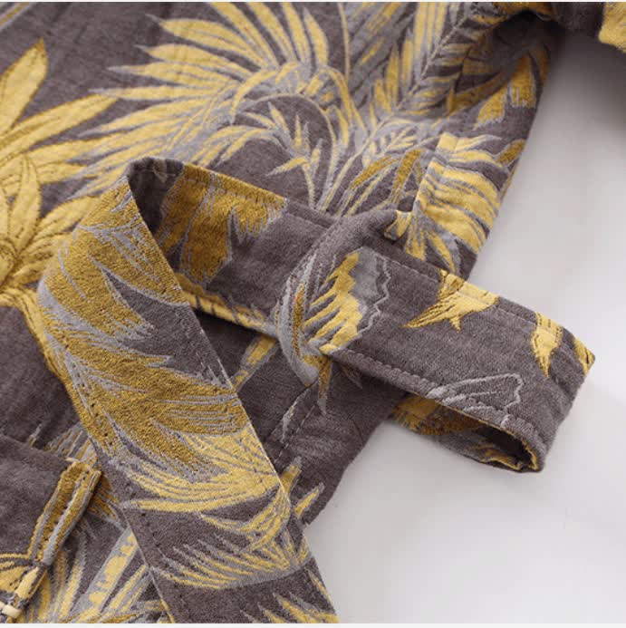 Tropical Leaf Bathrobe | Lightweight Cotton Gauze | Soft & Breathable