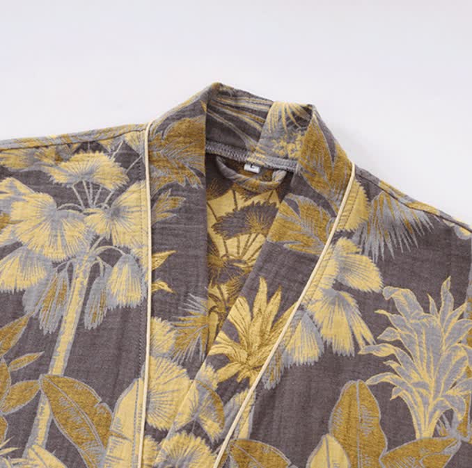 Tropical Leaf Bathrobe | Lightweight Cotton Gauze | Soft & Breathable