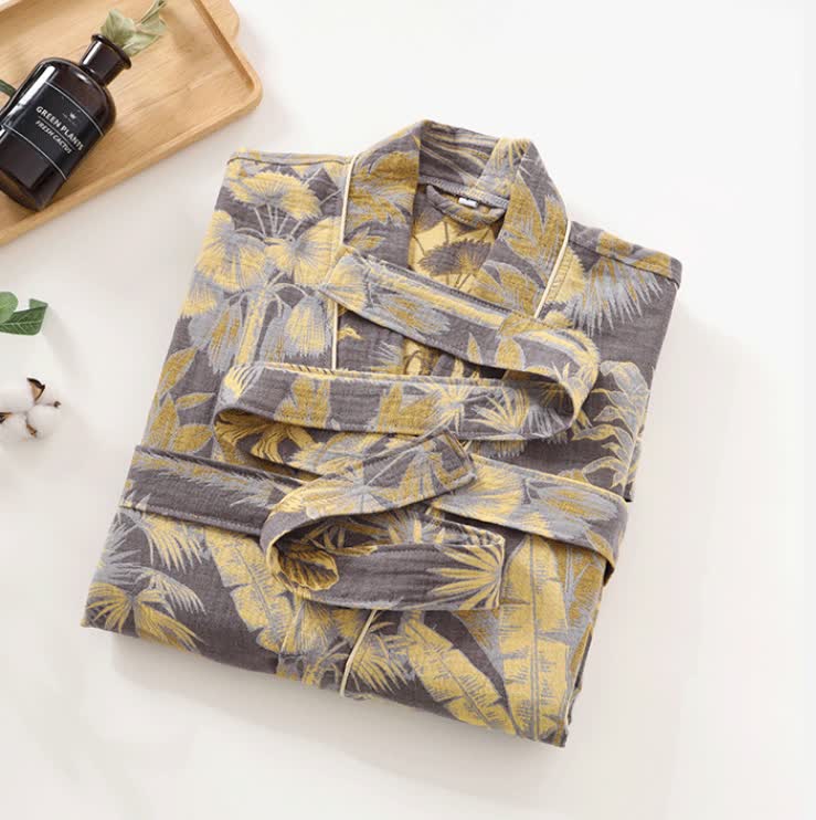 Tropical Leaf Bathrobe | Lightweight Cotton Gauze | Soft & Breathable