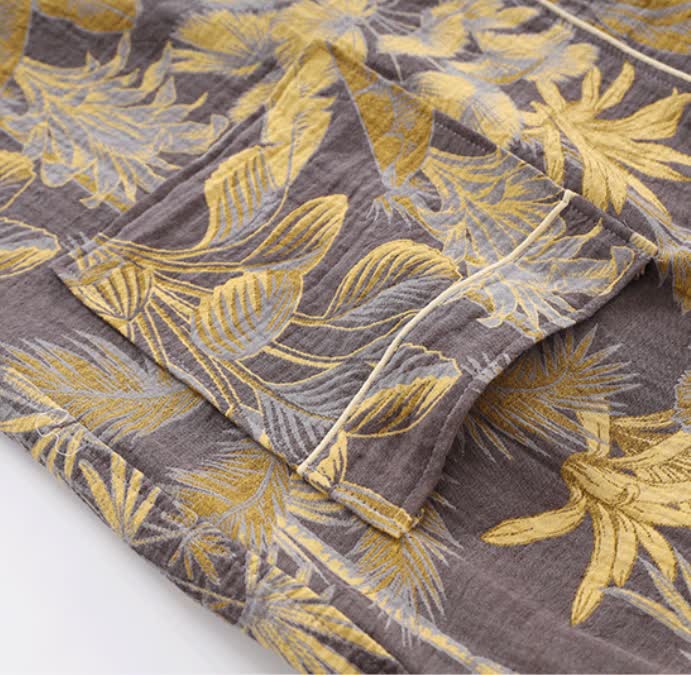 Tropical Leaf Bathrobe | Lightweight Cotton Gauze | Soft & Breathable