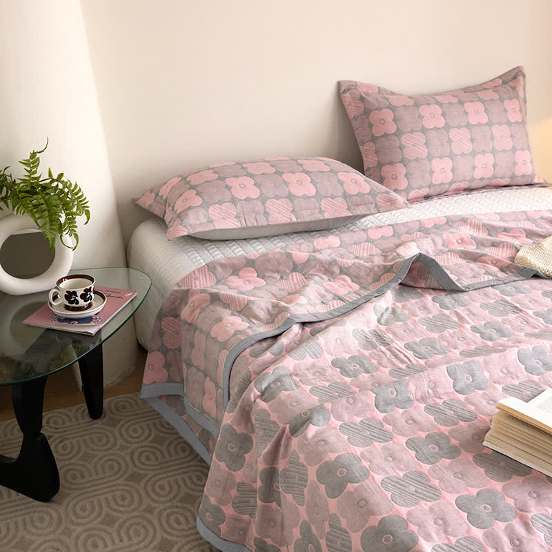 Cotton Gauze Quilt Set | Floral Print | Queen Size with 2 Pillowcases