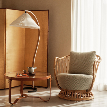 Mid-Century Floor Lamp | Beech Wood & Linen | White, Beige, Brown