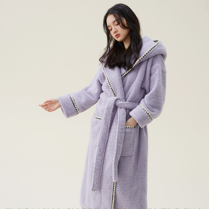 Warm Fleece Hooded Long Bathrobe