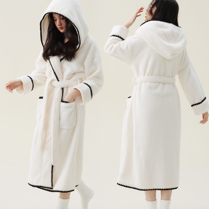 Fleece Hooded Bathrobe | Soft Polyester | Women's Long Design