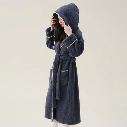 Fleece Hooded Bathrobe | Soft Polyester | Women's Long Design
