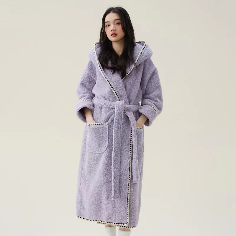 Fleece Hooded Bathrobe | Soft Polyester | Women's Long Design