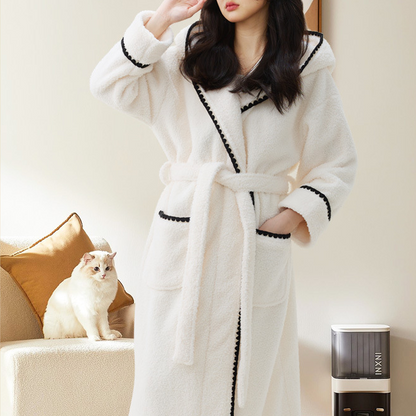 Fleece Hooded Bathrobe | Soft Polyester | Women's Long Design