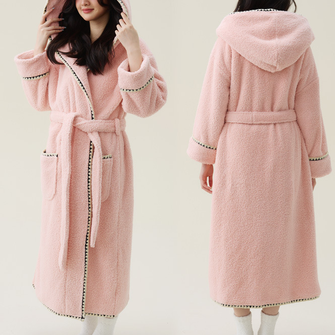 Fleece Hooded Bathrobe | Soft Polyester | Women's Long Design