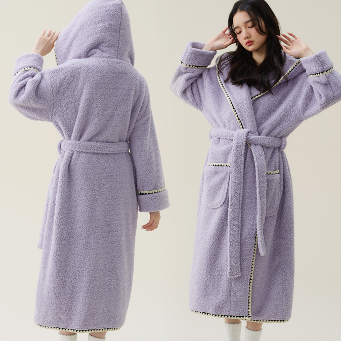 Fleece Hooded Bathrobe | Soft Polyester | Women's Long Design