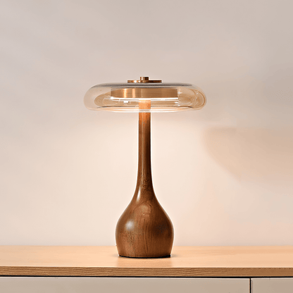 Sienna Table Lamp | Wooden Base & Amber Glass Shade | Three-Color LED
