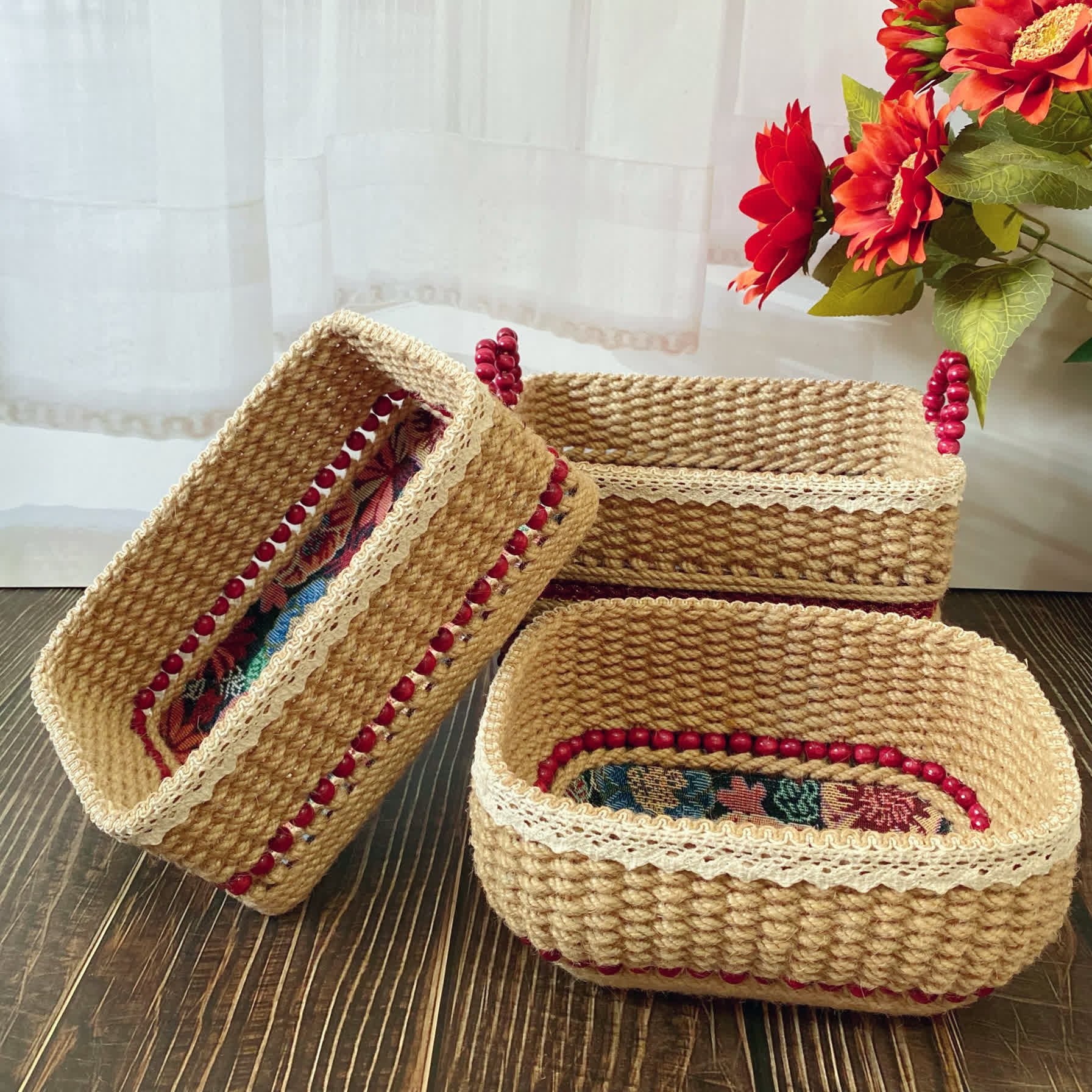 Vintage Floral Storage Basket | Durable Hemp Rope | Set of 3