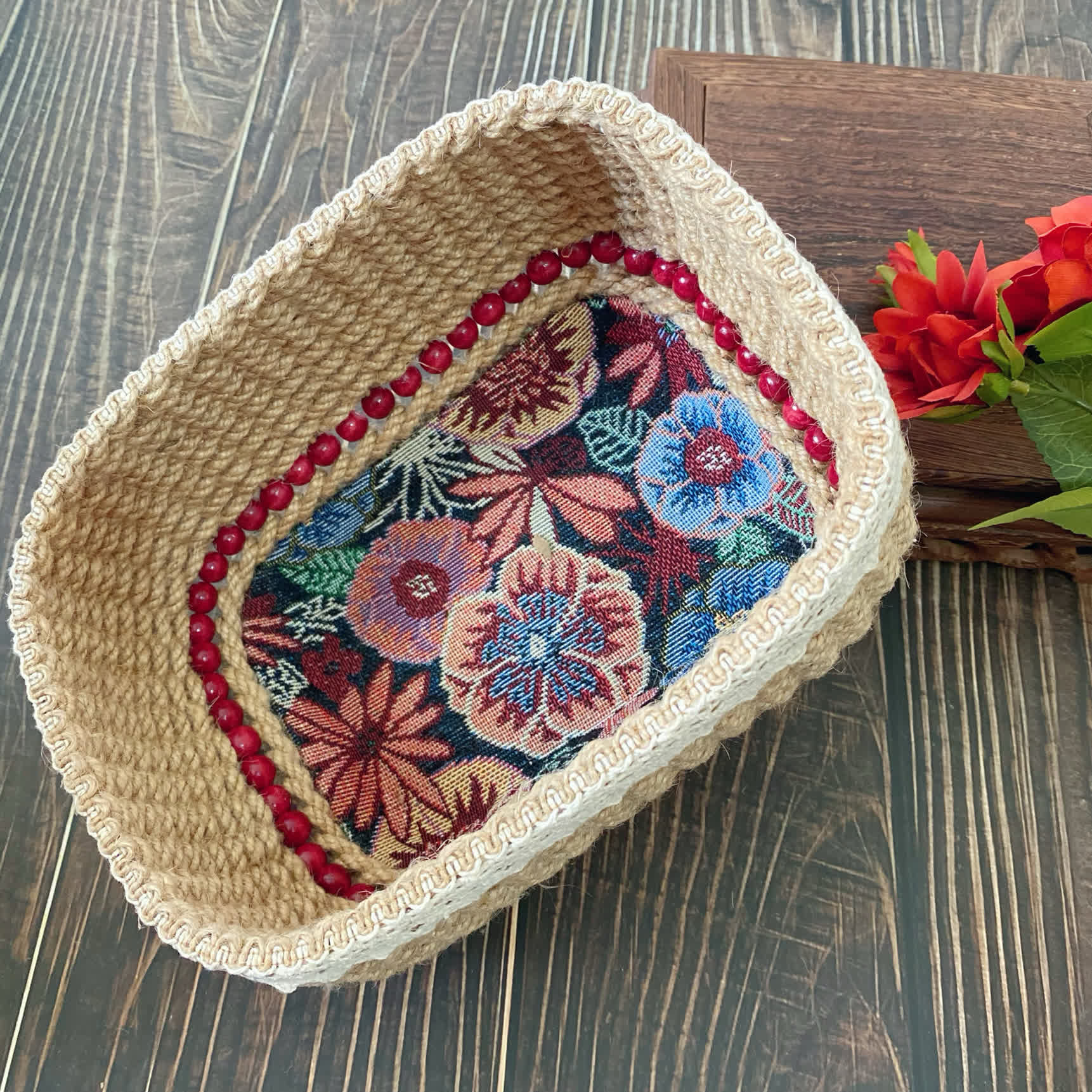 Vintage Floral Storage Basket | Durable Hemp Rope | Set of 3