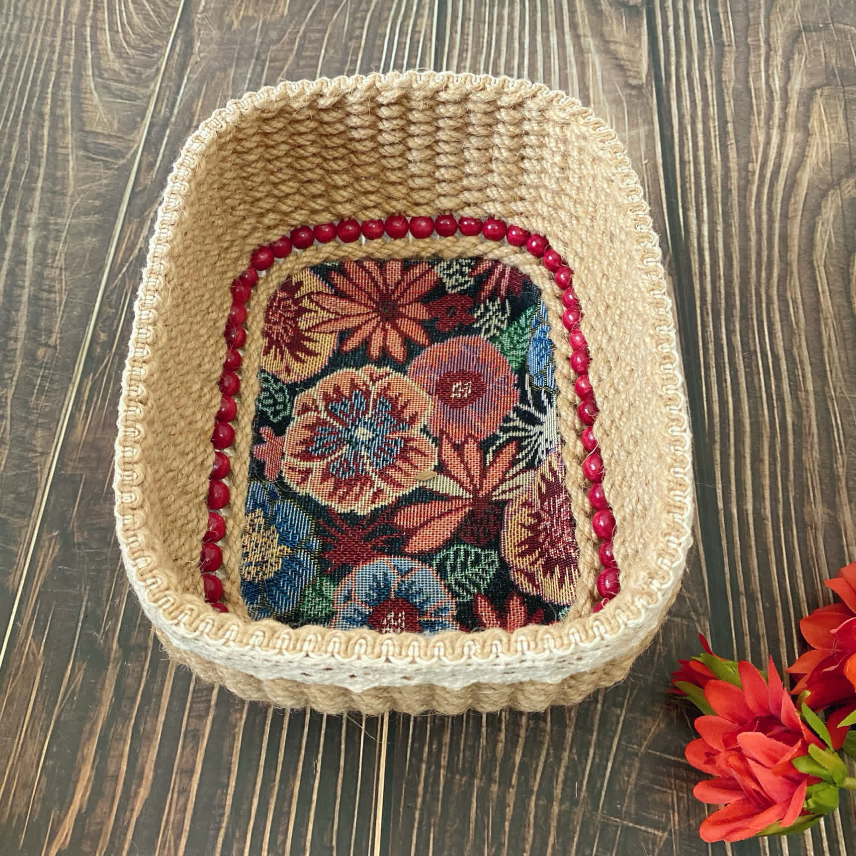 Vintage Floral Storage Basket | Durable Hemp Rope | Set of 3