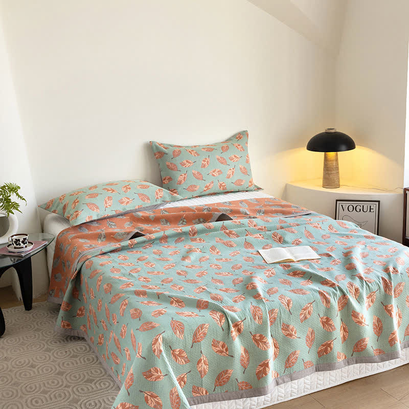 Pure Cotton Leaf Print Quilt | Soft Gauze Fabric | Queen Size with Pillowcases