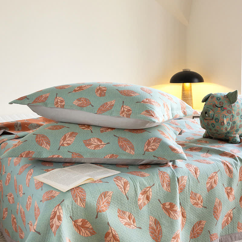 Pure Cotton Leaf Print Quilt | Soft Gauze Fabric | Queen Size with Pillowcases