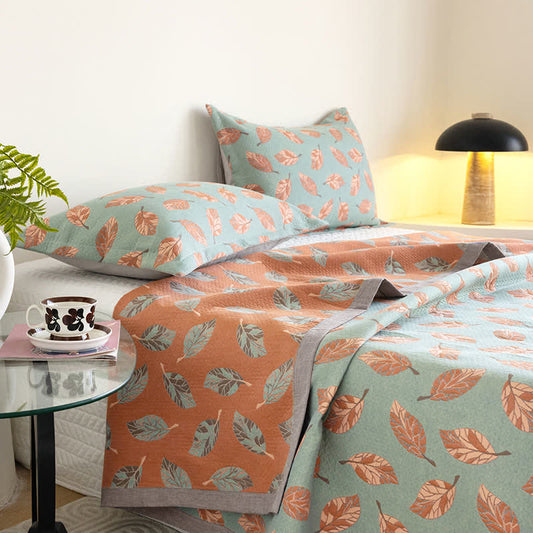 Pure Cotton Leaf Print Quilt | Soft Gauze Fabric | Queen Size with Pillowcases