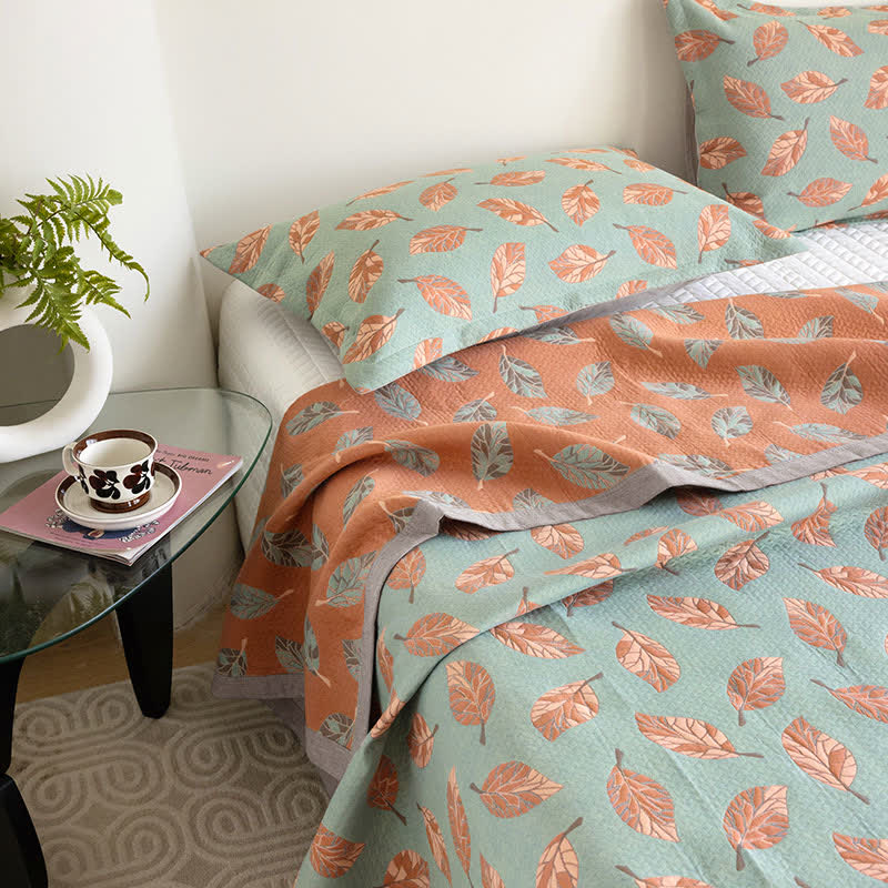 Pure Cotton Leaf Print Quilt | Soft Gauze Fabric | Queen Size with Pillowcases