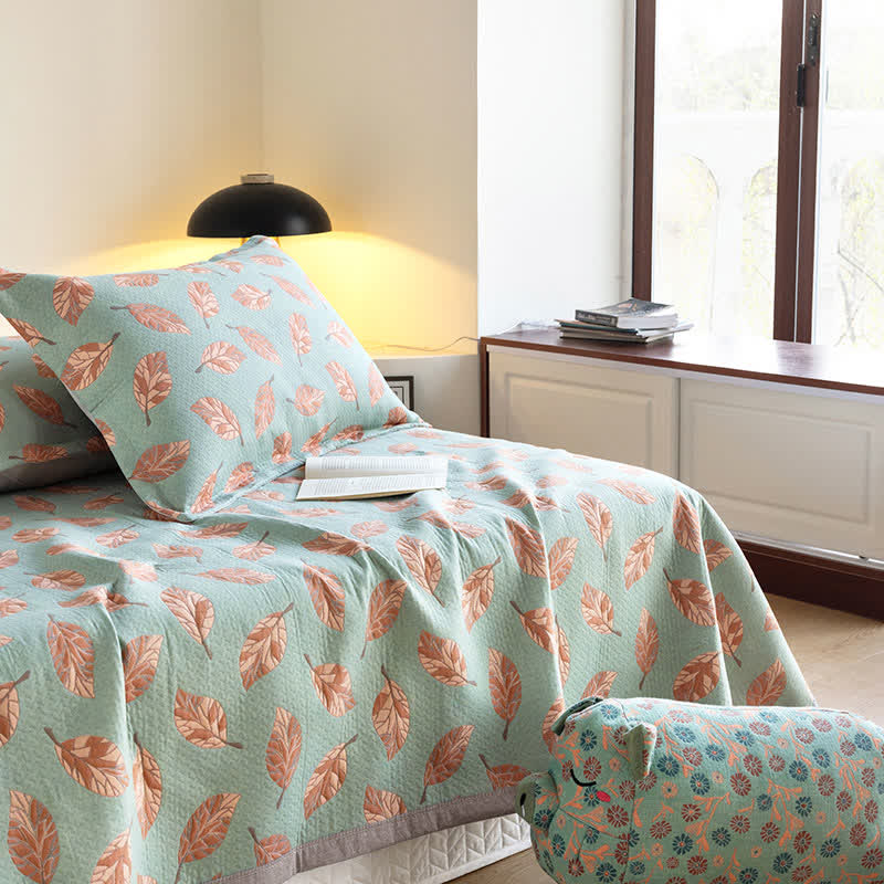 Pure Cotton Leaf Print Quilt | Soft Gauze Fabric | Queen Size with Pillowcases