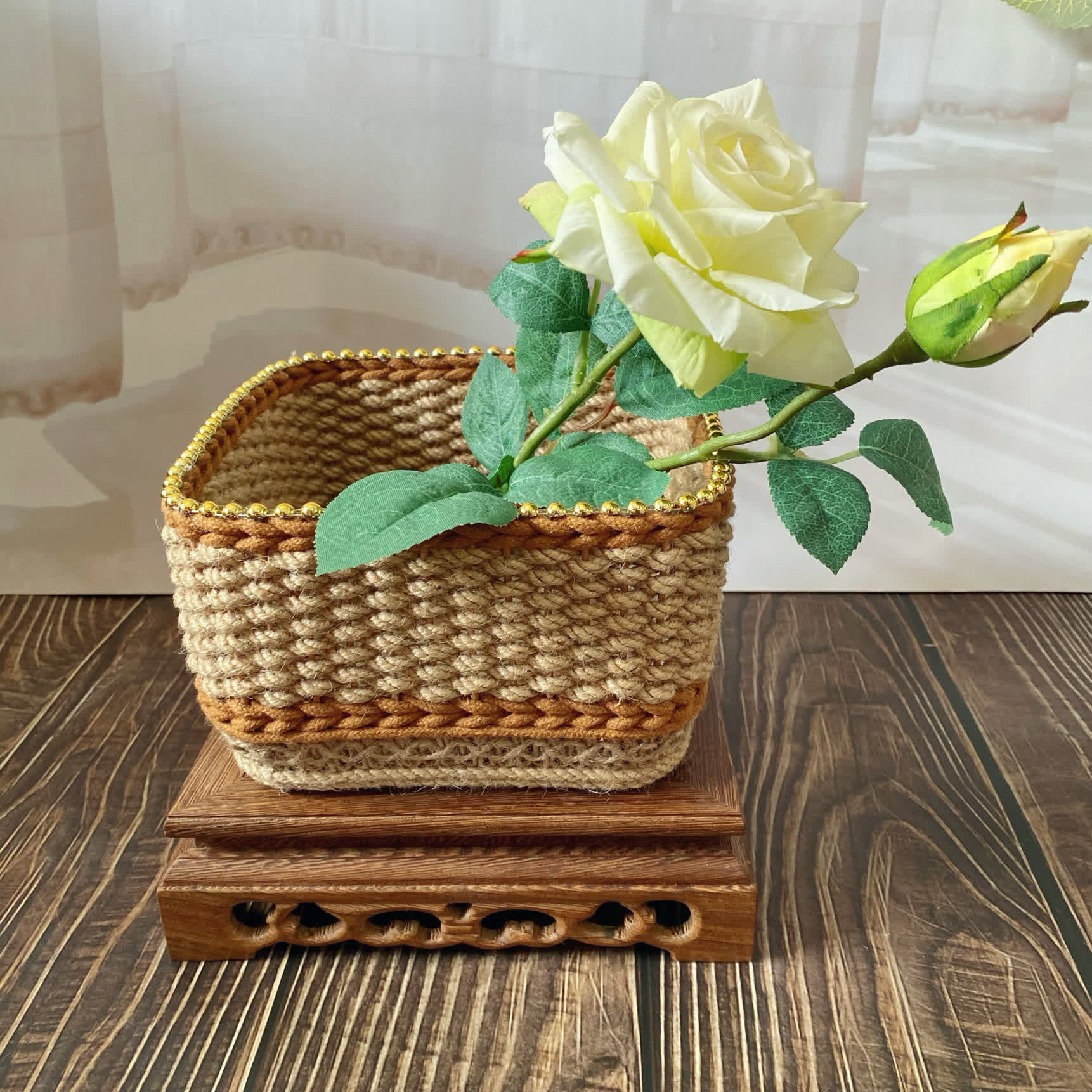 Vintage Floral Hand-woven Storage Basket | Hemp Rope | Set of 2